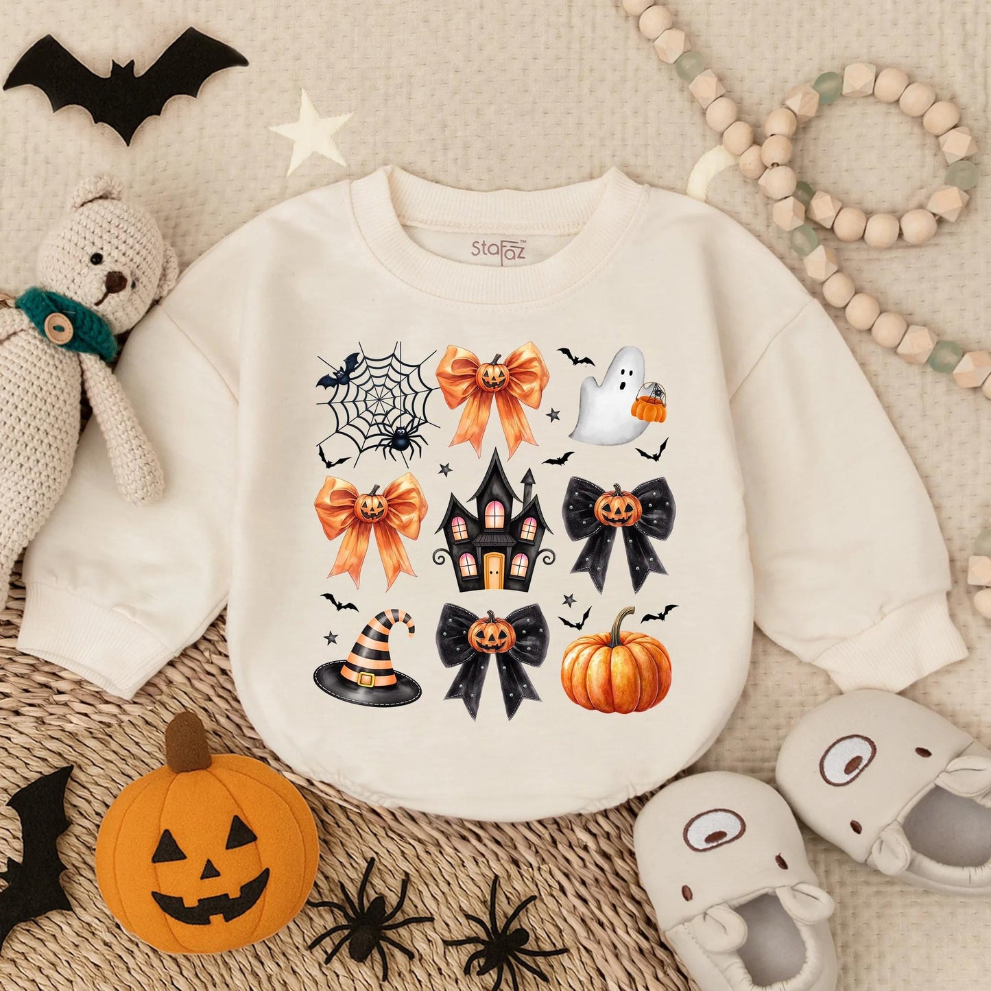 Custom Preppy Halloween Spooky Baby Ghost Bubble Romper with Cute Pumpkin Design Oversized Bodysuit Fall Infant Costume Outfit for Toddlers