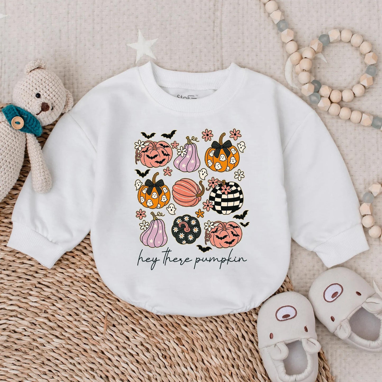 Hey There Pumpkin Baby Romper - Spooky Halloween Outfit for Baby Boy or Girl - Retro Glitter Autumn Clothes - First Halloween Bodysuit