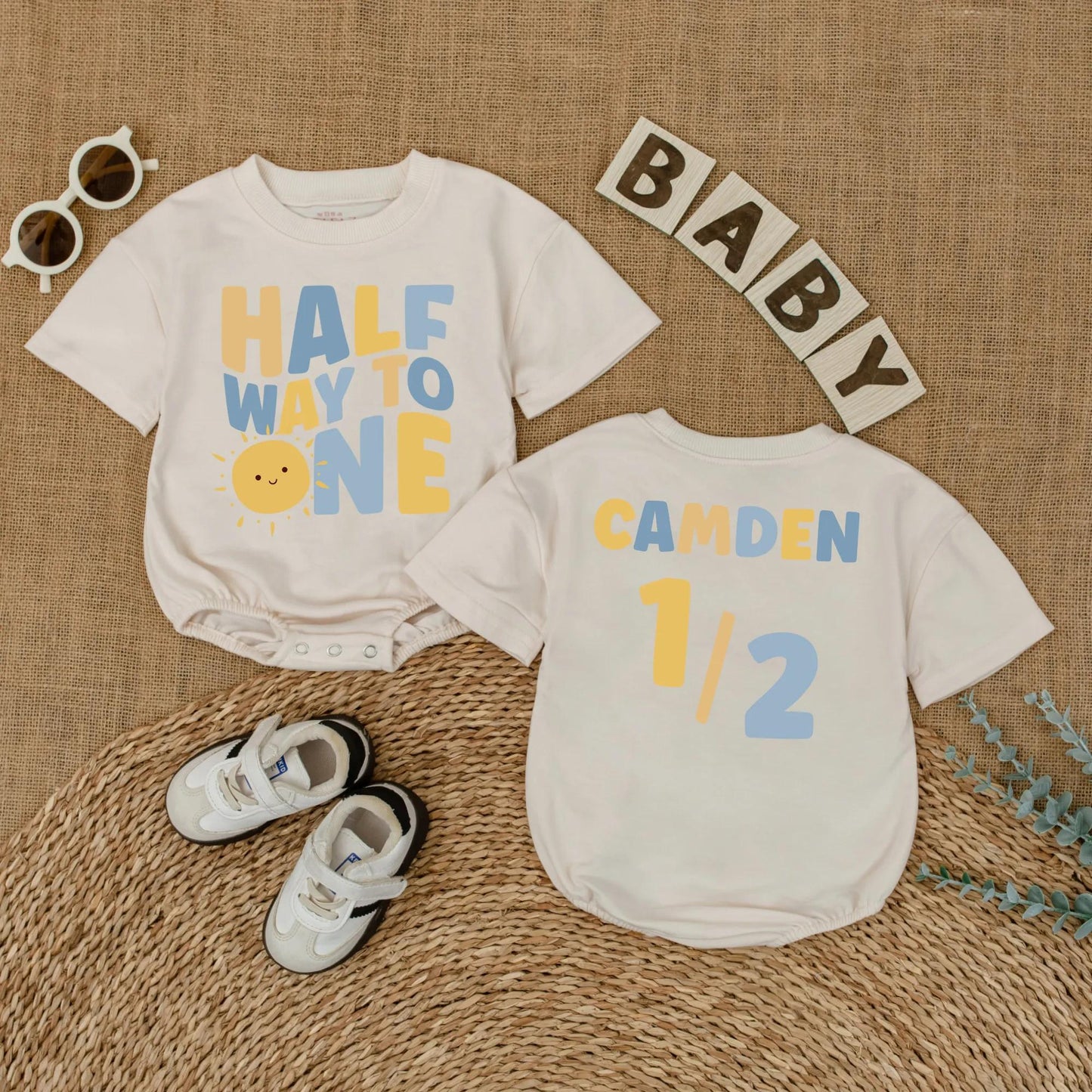 Personalized Sunshine Half Birthday Baby Romper Custom Name 6 Months Milestone Gift Bodysuit for Baby Boys Summer Sun Theme Outfit