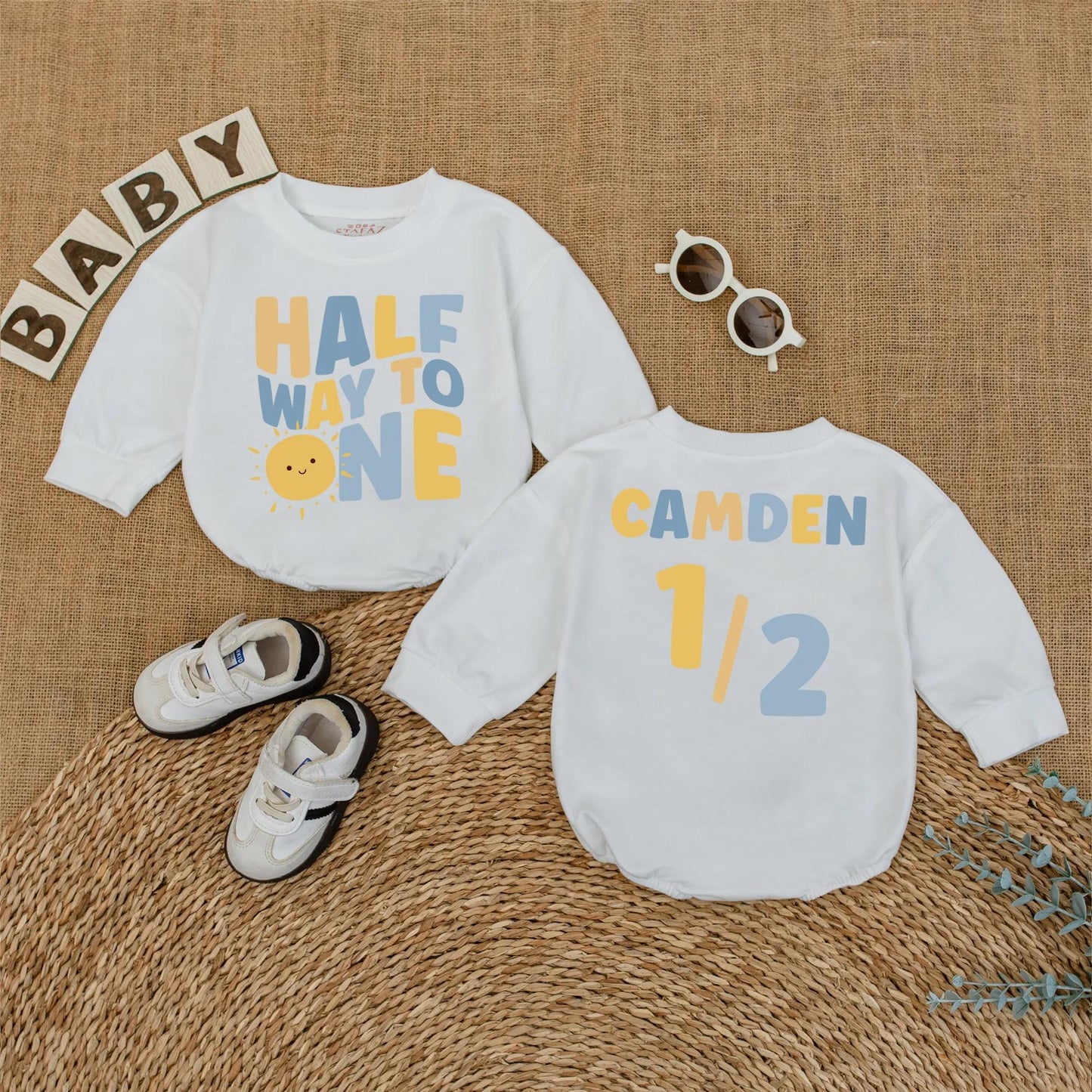 Personalized Sunshine Half Birthday Baby Romper Custom Name 6 Months Milestone Gift Bodysuit for Baby Boys Summer Sun Theme Outfit