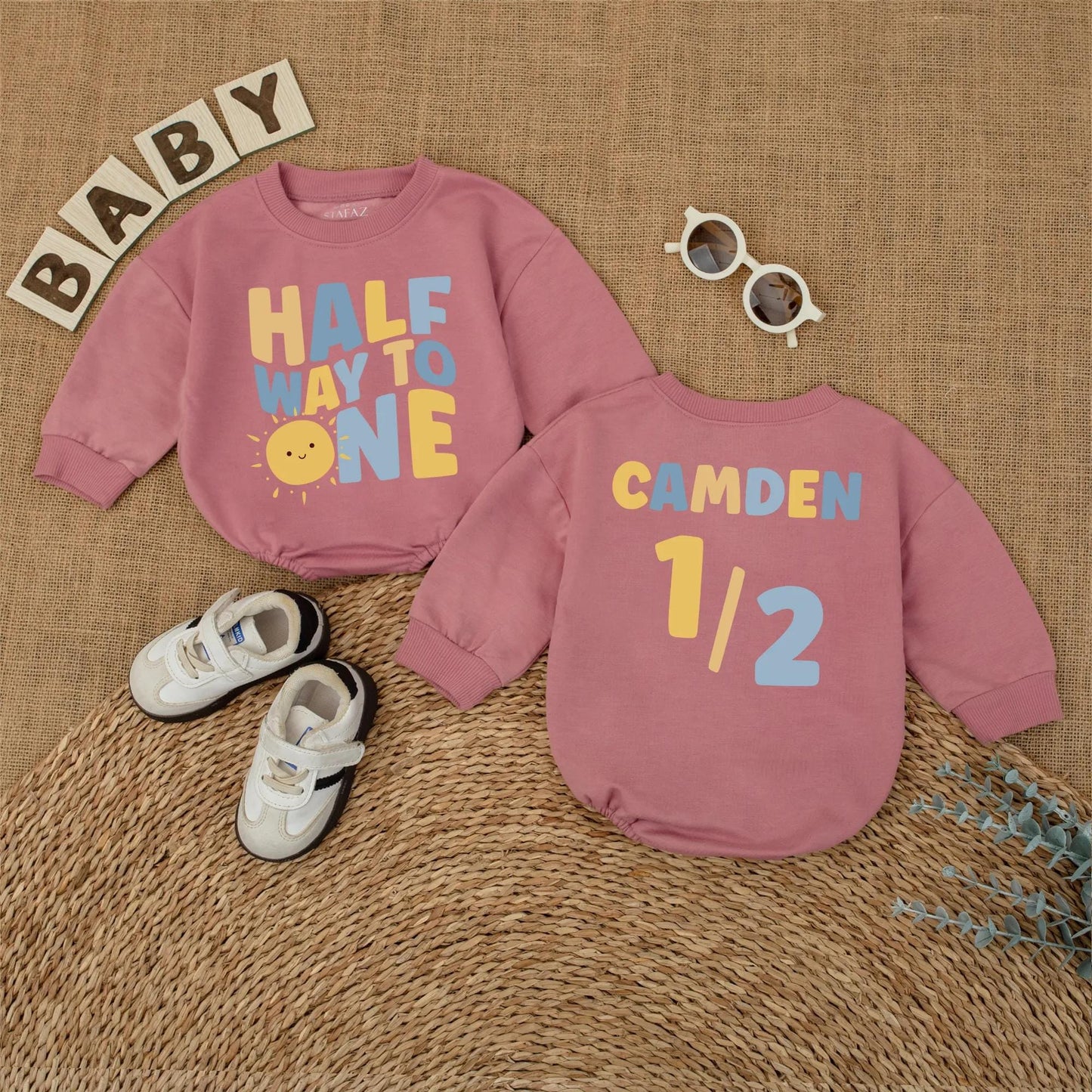 Personalized Sunshine Half Birthday Baby Romper Custom Name 6 Months Milestone Gift Bodysuit for Baby Boys Summer Sun Theme Outfit