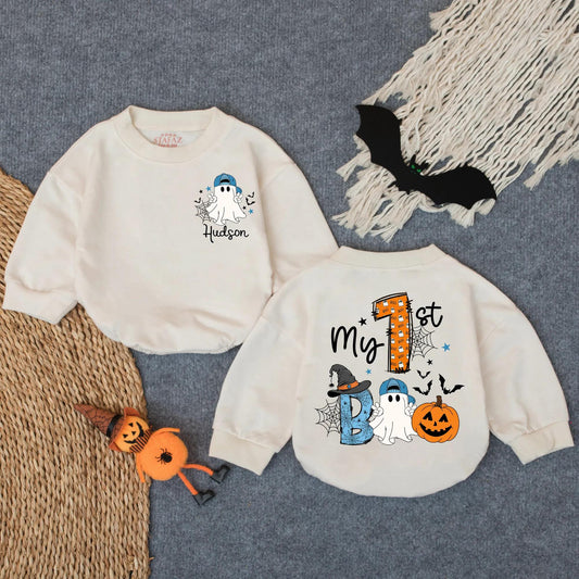 Custom My First Boo Boy Romper Baby's 1st Halloween Outfit Cute Ghost Pumpkin Bodysuit Spooky Fall Baby Clothes Name Bubble Romper