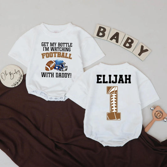 Personalized Baby Boy Football Romper Game Day Bodysuit featuring Get My Bottle I’m Watching Football With Daddy Quote Sports Outfit Cute Baby Shower Gift