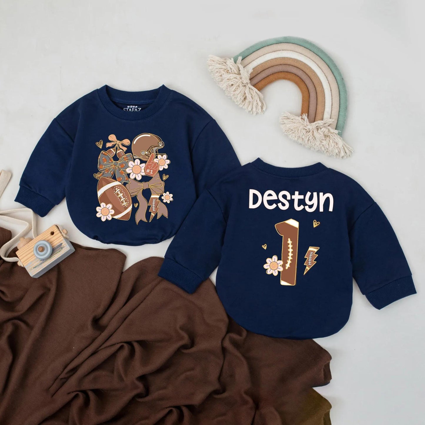 Personalized Football Baby Boy Romper 1st Birthday Outfit Custom Name Floral Football Sports Baby Clothes One Year Down Gift