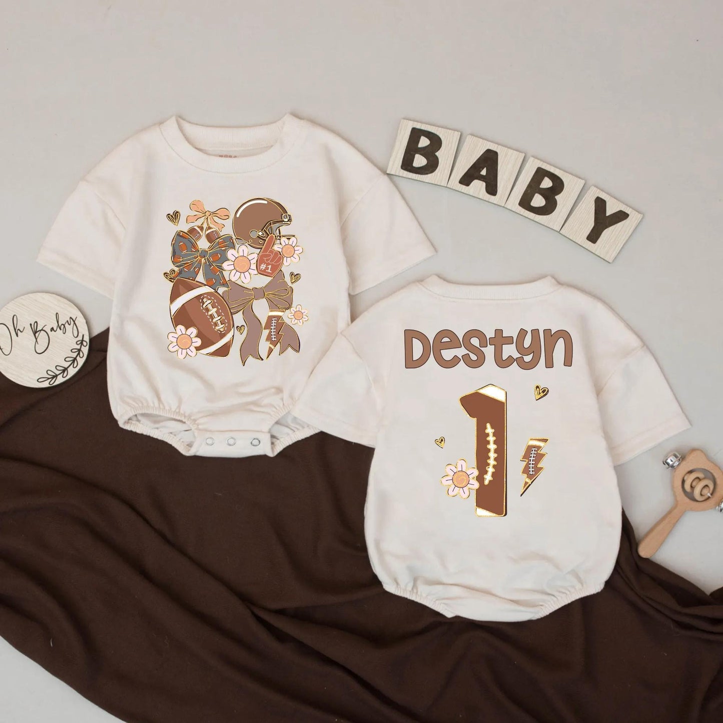 Personalized Football Baby Boy Romper 1st Birthday Outfit Custom Name Floral Football Sports Baby Clothes One Year Down Gift