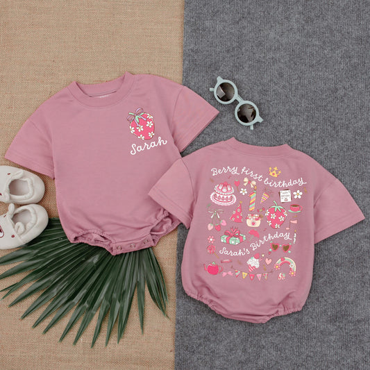 Berry First Birthday Romper for Sarah Cute Strawberry Personalized 1st Birthday Bodysuit Sweet One Baby Girl Outfit Pastel Party Gifts