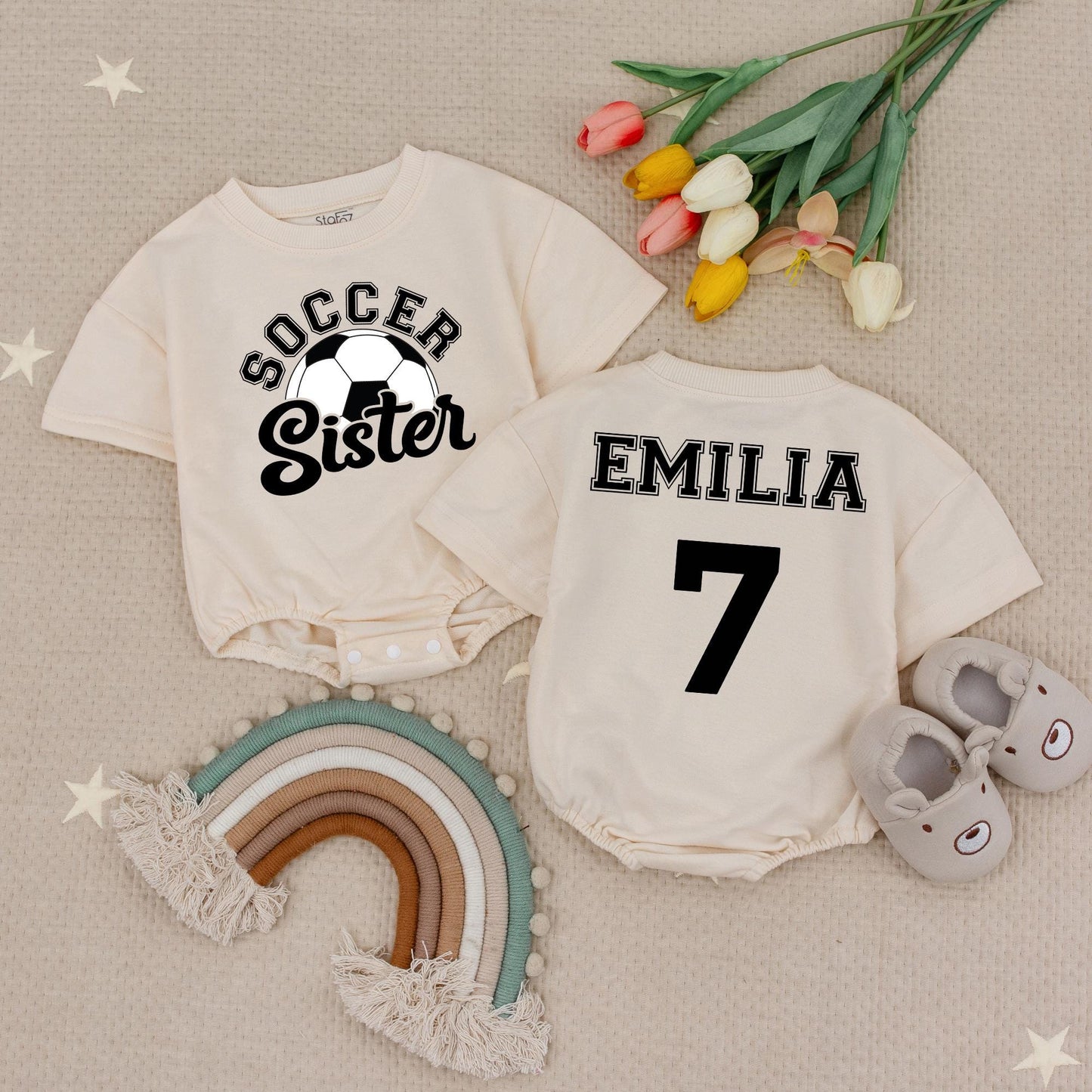 Custom Soccer Sister Romper: Soccer Ball & 'Soccer Sister' Baby Bodysuit, Personalized Name & Number, Gameday Outfit