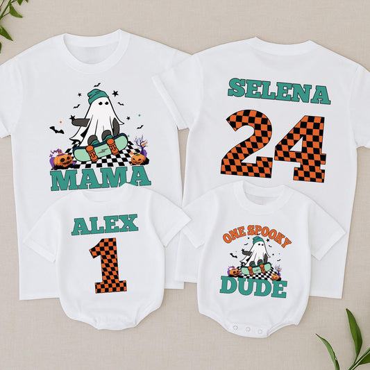 Spooky Dude 1st Birthday Matching Family Halloween Shirts: Custom Name Ghost Skateboard Design, Personalized First Birthday Outfit, Baby Toddler Tee