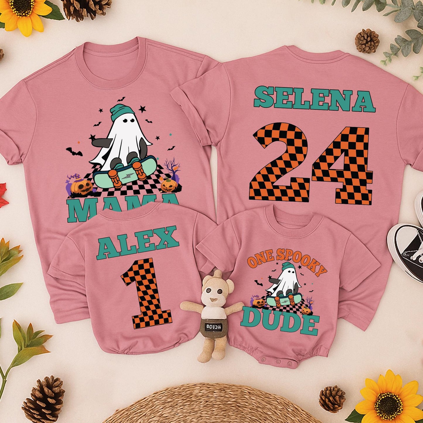 Spooky Dude 1st Birthday Matching Family Halloween Shirts: Custom Name Ghost Skateboard Design, Personalized First Birthday Outfit, Baby Toddler Tee