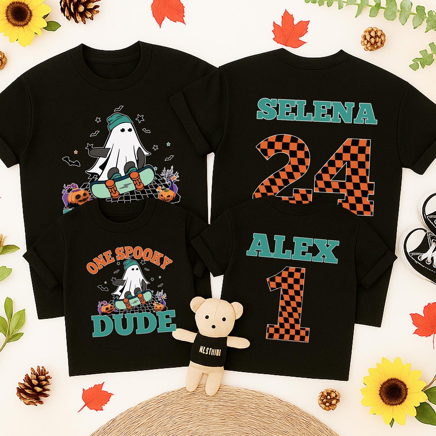 Spooky Dude 1st Birthday Matching Family Halloween Shirts: Custom Name Ghost Skateboard Design, Personalized First Birthday Outfit, Baby Toddler Tee