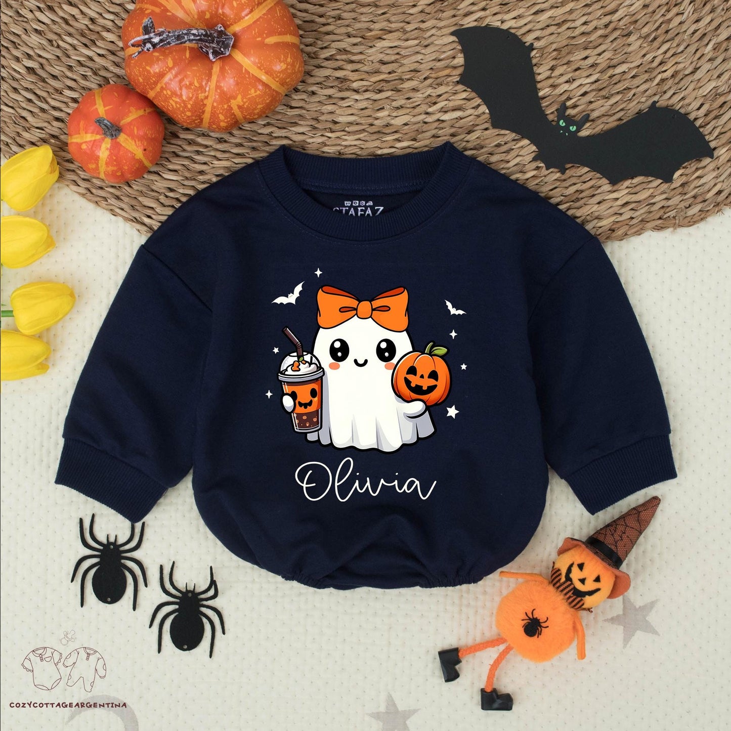 Custom Olivia Ghost Romper, Bow Halloween Outfit, Cute Cartoon Pumpkin Baby Bodysuit, Spooky Trick or Treat, Fall Gift, Personalized Name 135