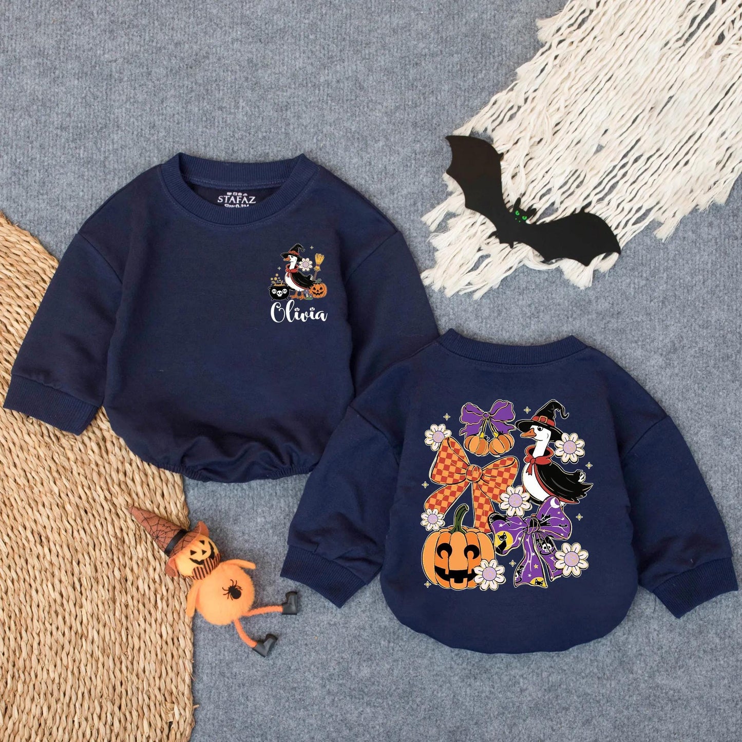 Custom Goose Witch Halloween Baby Romper Glitter Spooky Pumpkin Cauldron Daisy Fall Outfit Olivia