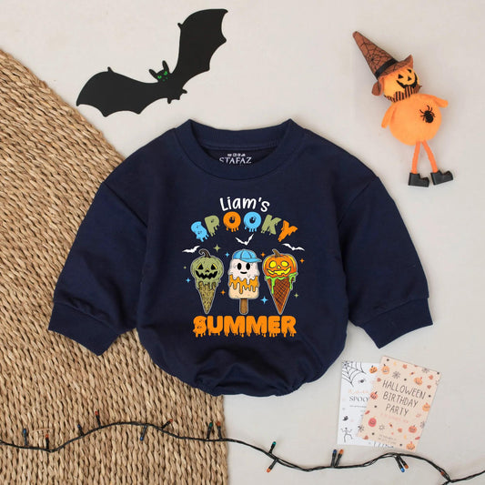 Personalized Spooky Summer Romper - Custom Name Halloween Treat Bodysuit with Ice Cream & Bats - Cartoon Baby Outfit, Sweet & Spooky, 138 chars