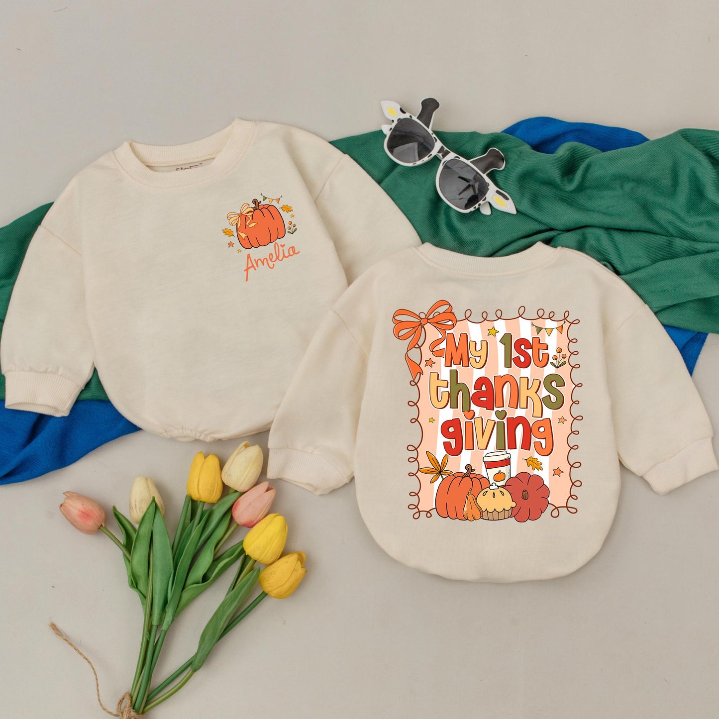My 1st Thanksgiving Baby Romper, Fall Pumpkin Outfit with Leaves & Stars, Personalized Baby Girl Gift, Baby Shower