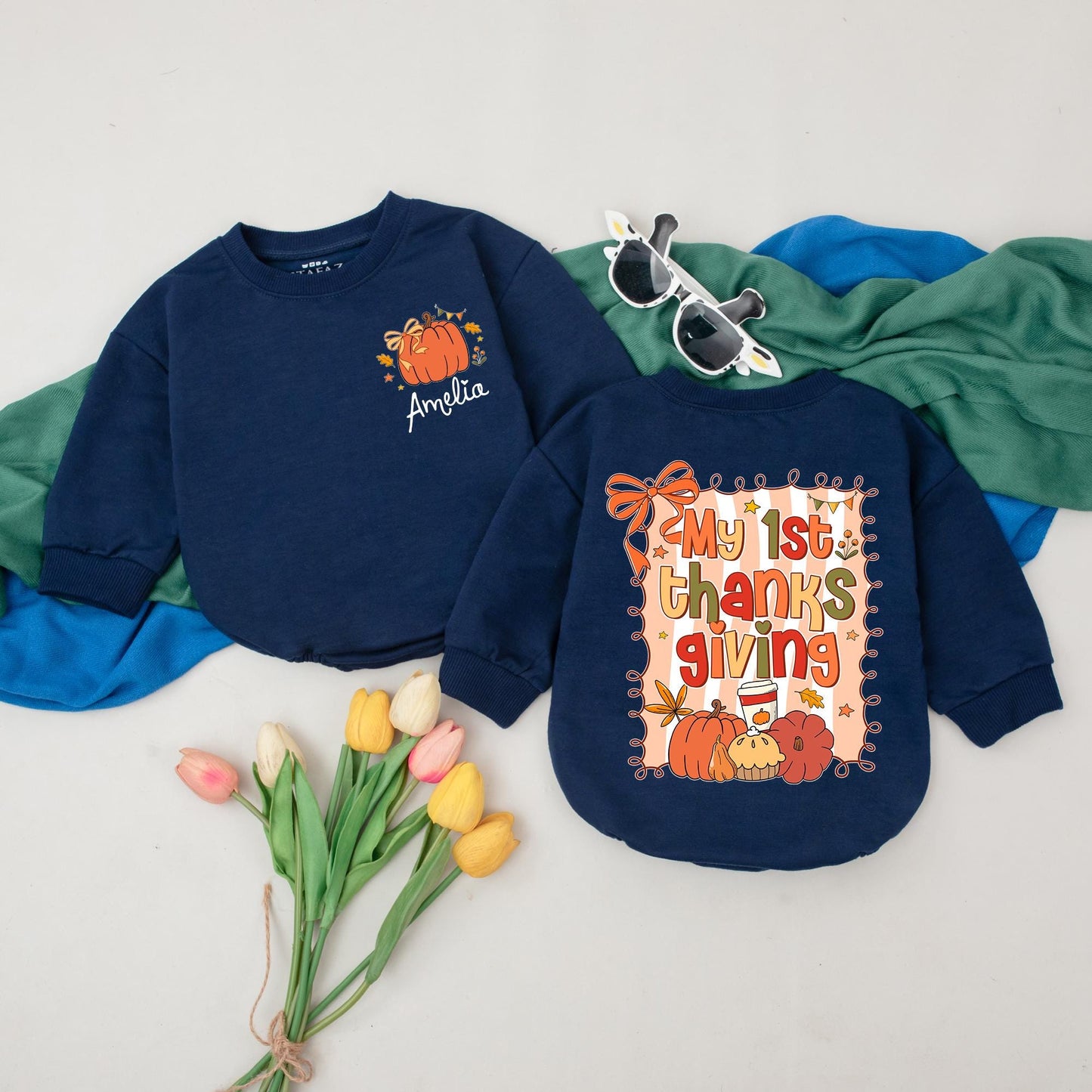 My 1st Thanksgiving Baby Romper, Fall Pumpkin Outfit with Leaves & Stars, Personalized Baby Girl Gift, Baby Shower