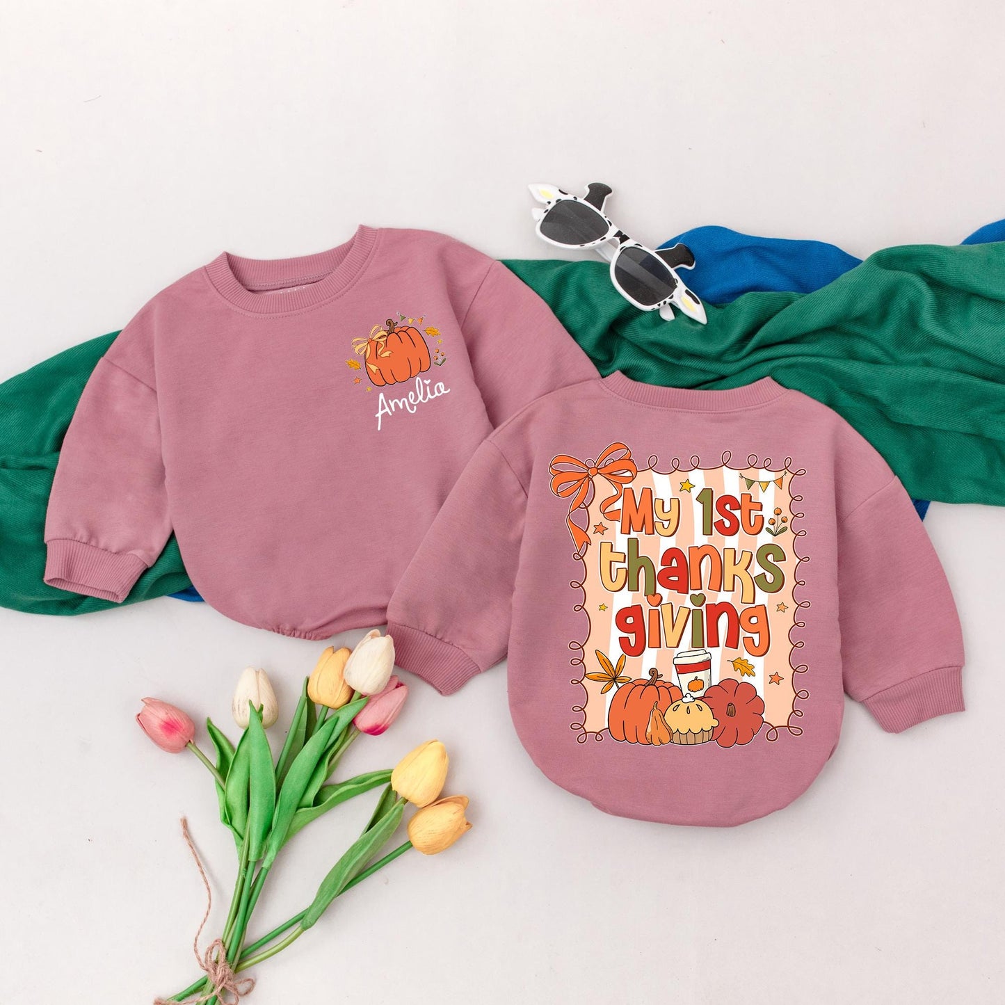 My 1st Thanksgiving Baby Romper, Fall Pumpkin Outfit with Leaves & Stars, Personalized Baby Girl Gift, Baby Shower