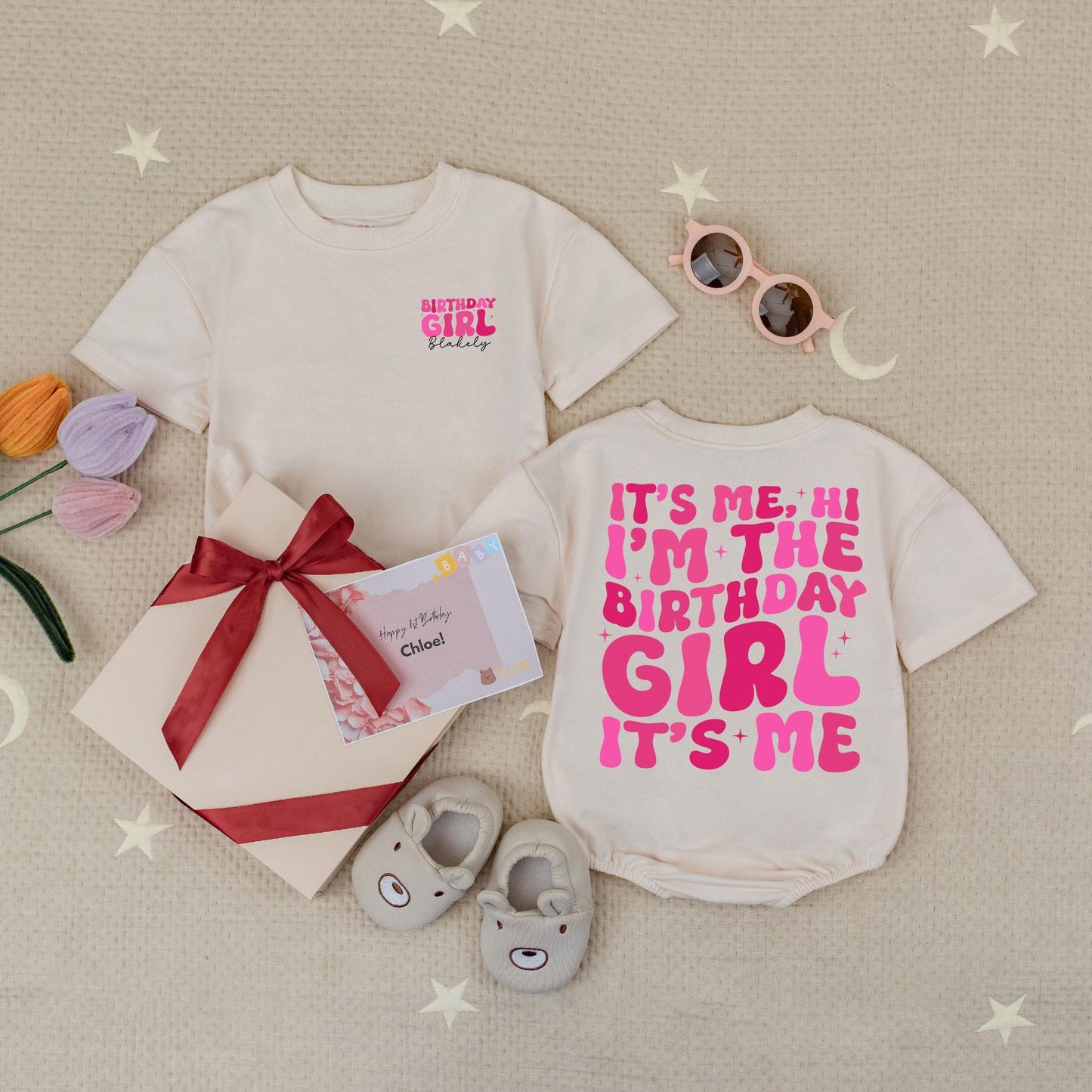 Personalized Birthday Girl Romper, It's Me Hi Design, Custom Name Age, Funny Baby Bodysuit, Pink Starburst, Cheerful Birthday Outfit, Baby Girl Gift