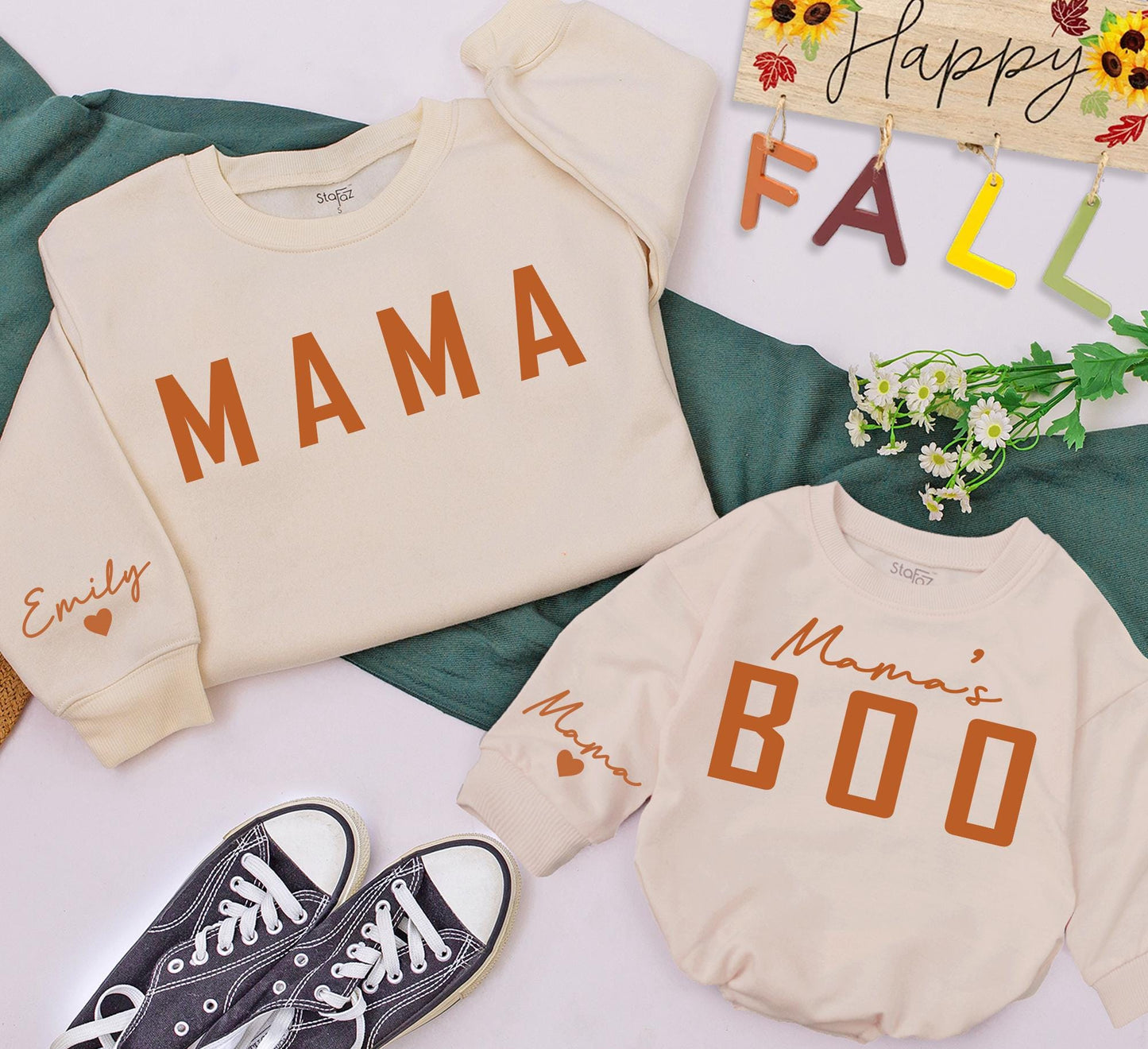 Mama & Me Sweatshirts: Baby Girl Pumpkin Romper, Mommy and Me Outfits, Personalized Emily Sleeve, Matching Family Fall Sets, Baby Shower Gift