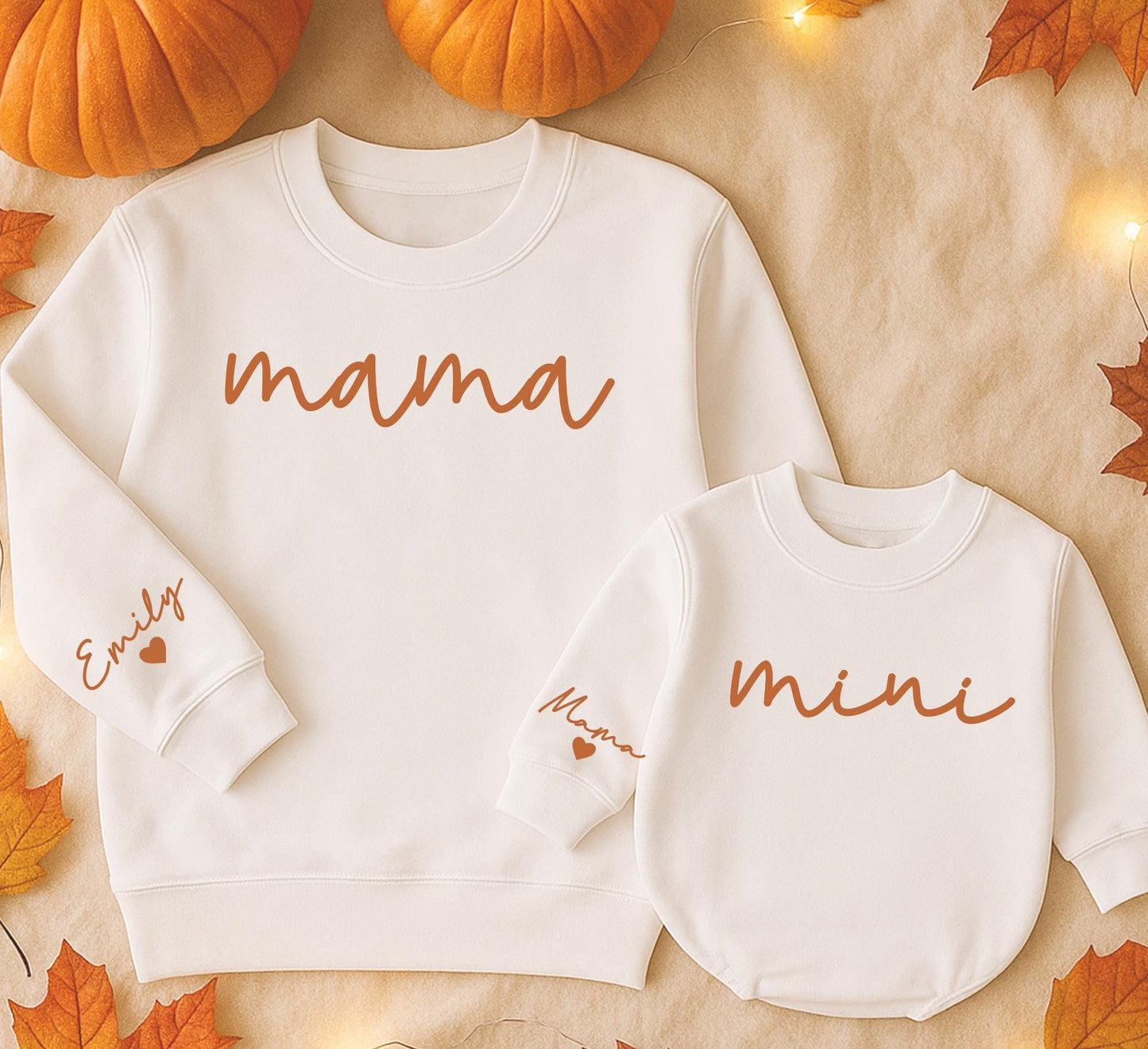 Mama & Mini Halloween Matching Set: Personalized Sweatshirt & Romper with Names on Sleeve. Cute Mommy and Me Outfit, Fall Family Thanksgiving Gift