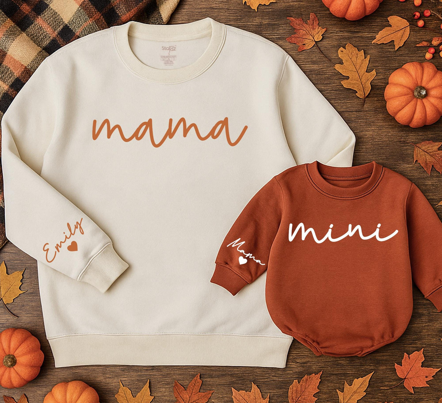 Mama & Mini Halloween Matching Set: Personalized Sweatshirt & Romper with Names on Sleeve. Cute Mommy and Me Outfit, Fall Family Thanksgiving Gift