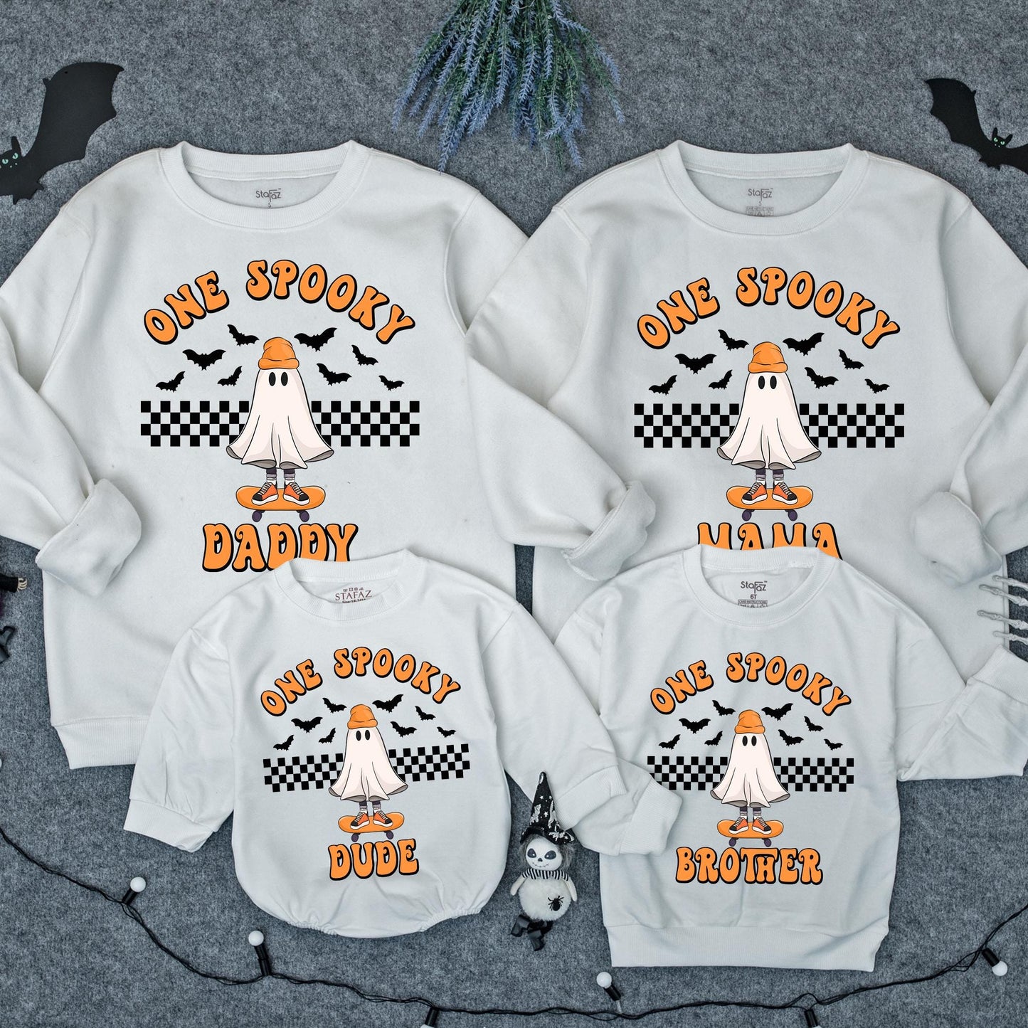 One Spooky Dude Birthday Sweater: Halloween Ghost Skateboard, Checkered Baby Boy Outfit, Matching Family Halloween Sweatshirt, Spooky First Birthday