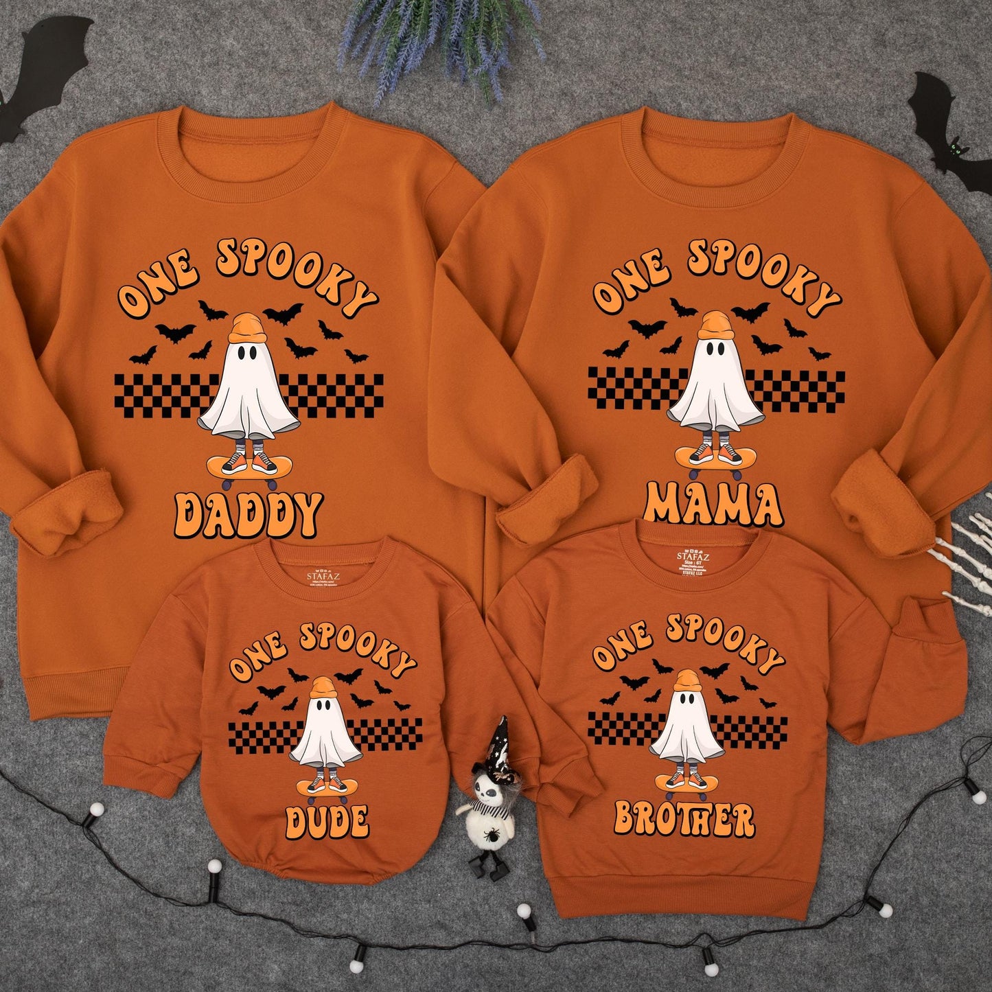 One Spooky Dude Birthday Sweater: Halloween Ghost Skateboard, Checkered Baby Boy Outfit, Matching Family Halloween Sweatshirt, Spooky First Birthday