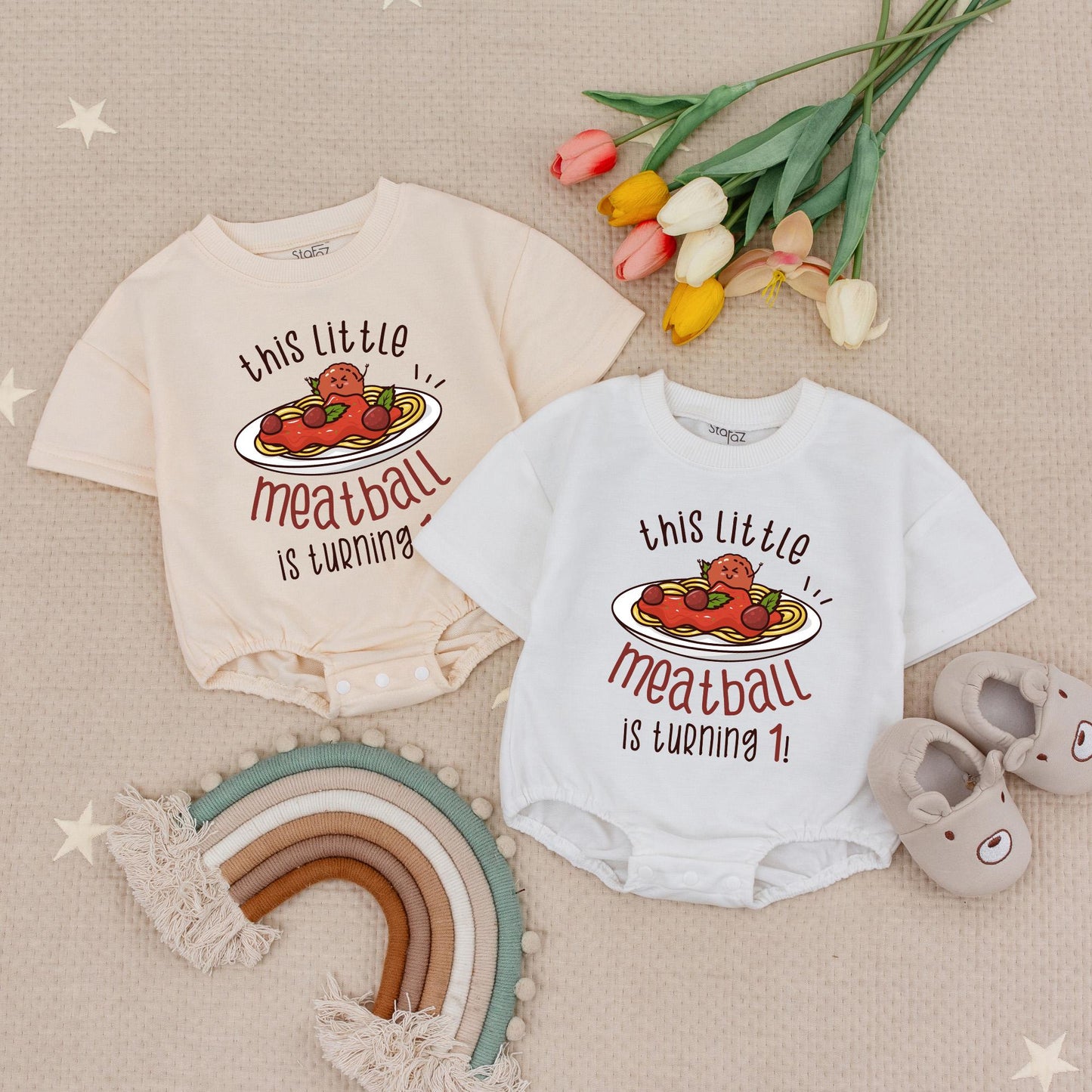 Cute Cartoon Spaghetti Meatball First Birthday Bubble Romper "This Little Meatball is Turning One" Italian Custom Red Yellow Baby Outfit