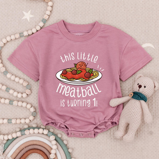 Cute Cartoon Spaghetti Meatball First Birthday Bubble Romper "This Little Meatball is Turning One" Italian Custom Red Yellow Baby Outfit