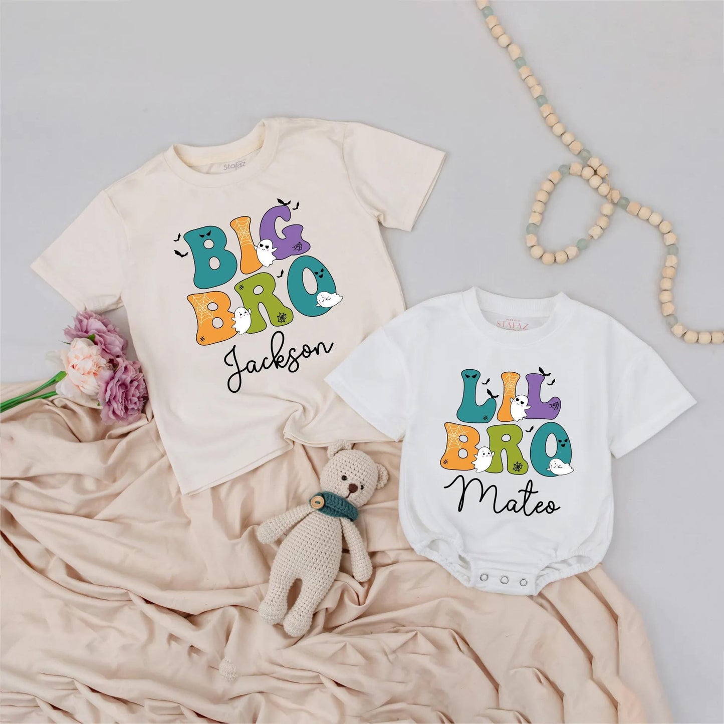 Custom Halloween Big Bro Lil Bro Shirts, Retro Spooky Matching Sibling Outfit, Personalized Brother Names Teal Orange Ghost Bat Tee, Costume