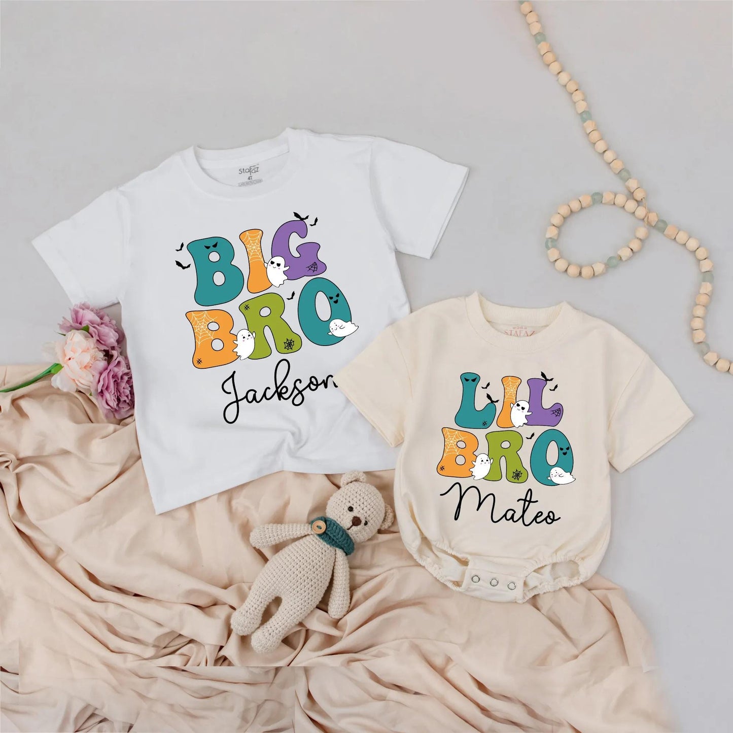 Custom Halloween Big Bro Lil Bro Shirts, Retro Spooky Matching Sibling Outfit, Personalized Brother Names Teal Orange Ghost Bat Tee, Costume