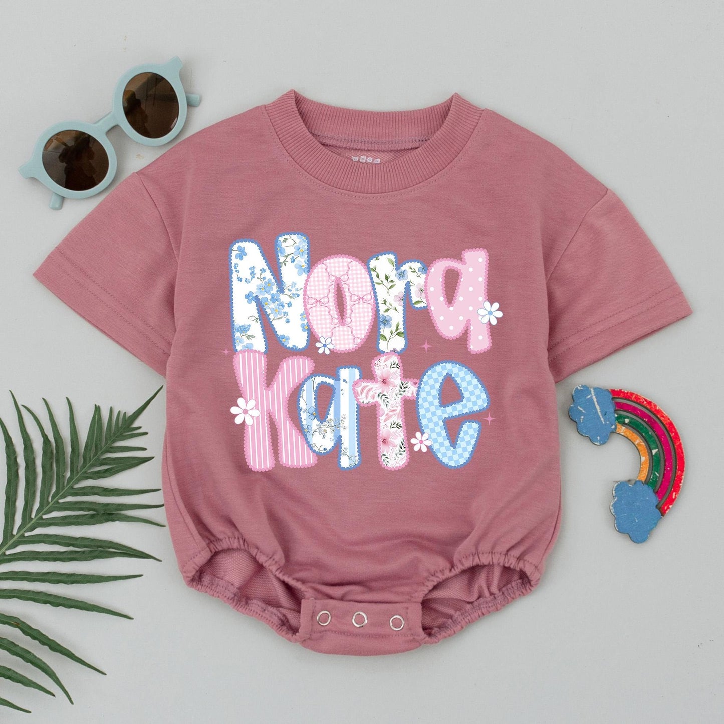 Nora Kate Patchwork Name Baby Romper, Floral Summer Bodysuit, Cute First Birthday Outfit, Whimsical Custom Baby Girl Clothes Shower Gift Idea 139