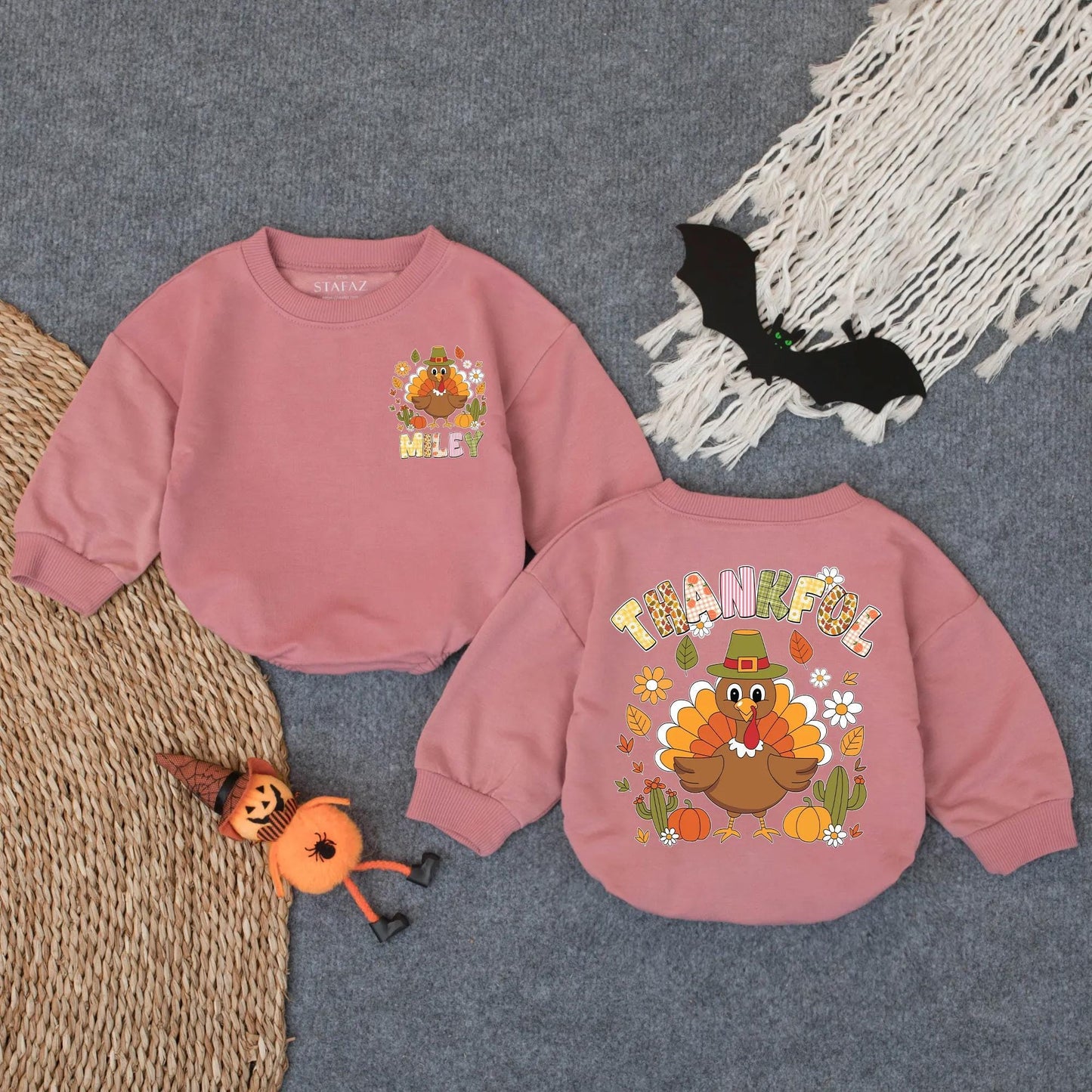 Custom Thankful Turkey Floral Baby Girl Romper Personalized Autumn Outfit Infant Bodysuit Toddler Thanksgiving Celebration Clothes