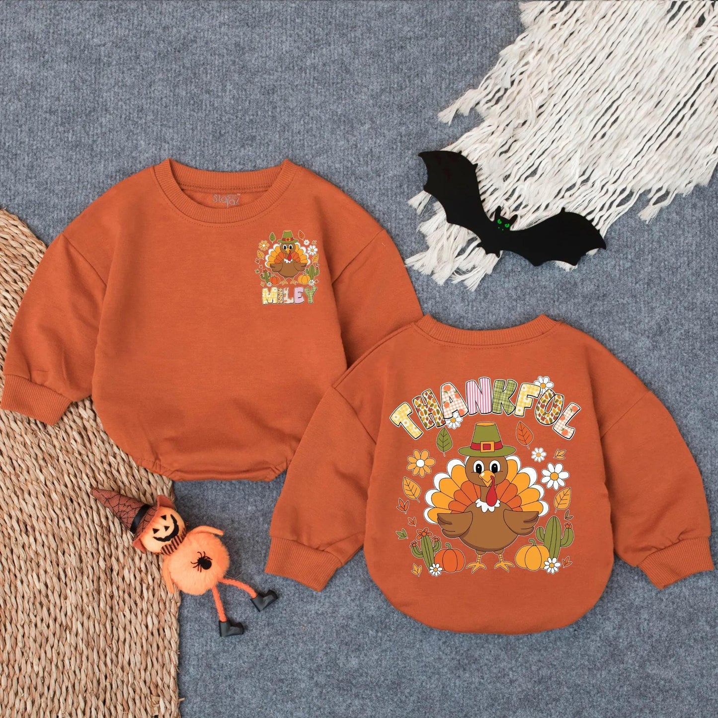 Custom Thankful Turkey Floral Baby Girl Romper Personalized Autumn Outfit Infant Bodysuit Toddler Thanksgiving Celebration Clothes