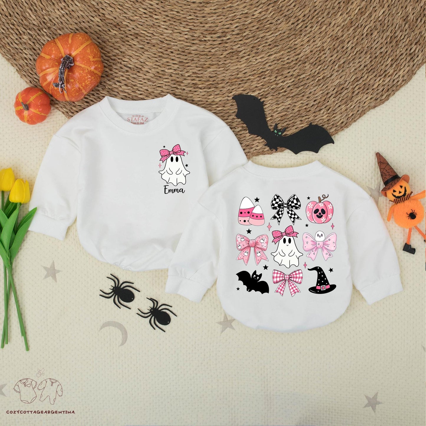 Custom Halloween Baby Girl Romper Pink Ghosts Witch Hat Candy Corn Stars Fall Outfit Retro Gift