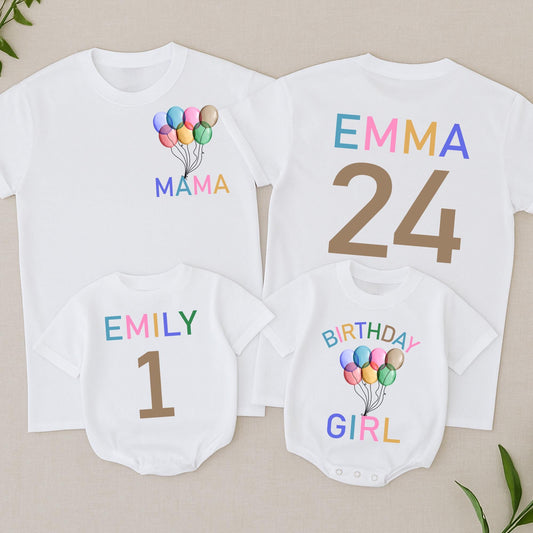 Rainbow Balloon Birthday Romper 1st Birthday Outfit Colorful Matching Family Baby Toddler Girl Celebration Shirt With Balloons