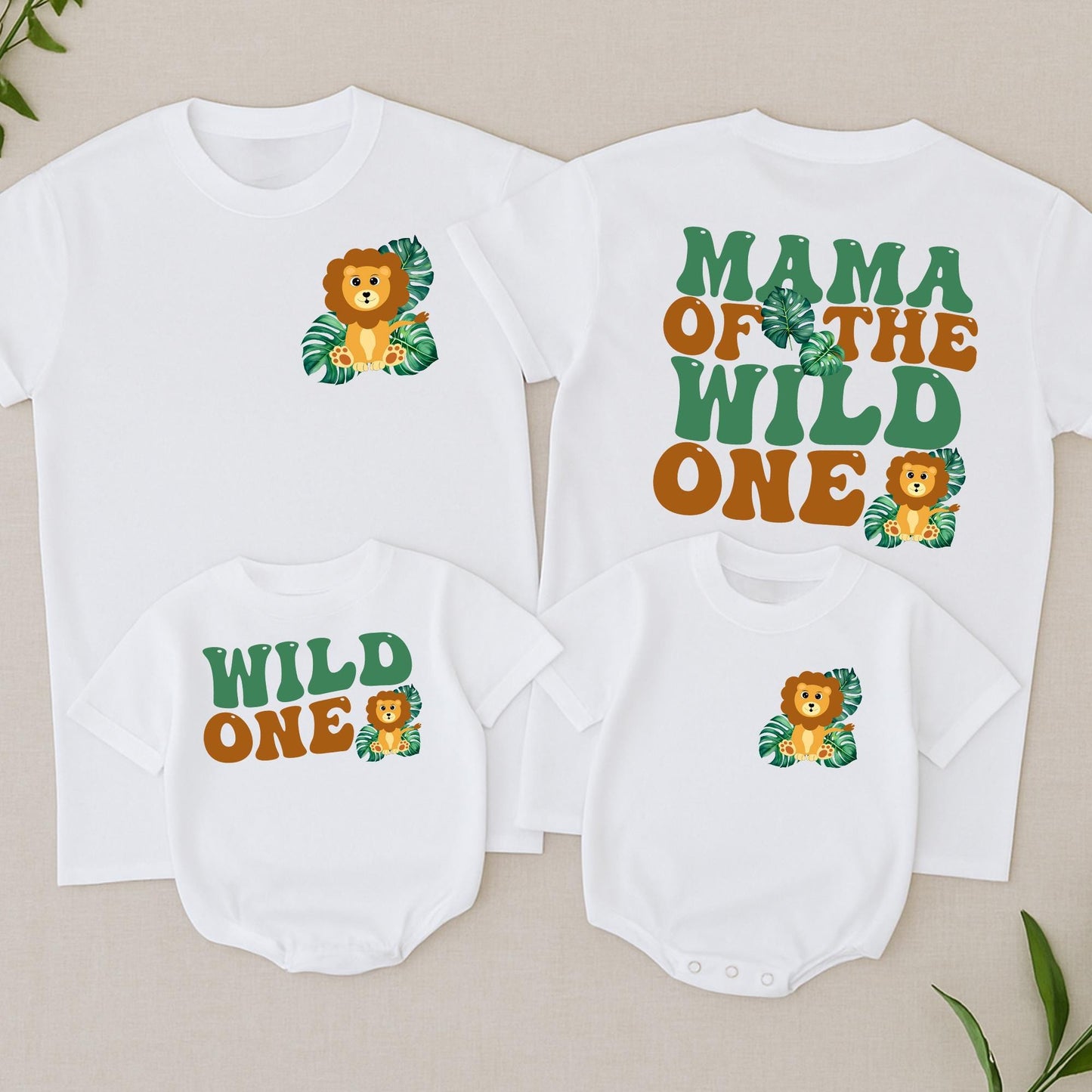 Wild One Birthday Matching Family Shirts, Safari 1st Birthday Boy, Mama Dada Lion Graphic Retro Green Tropical Leaves Cotton First Birthday Outfit Set