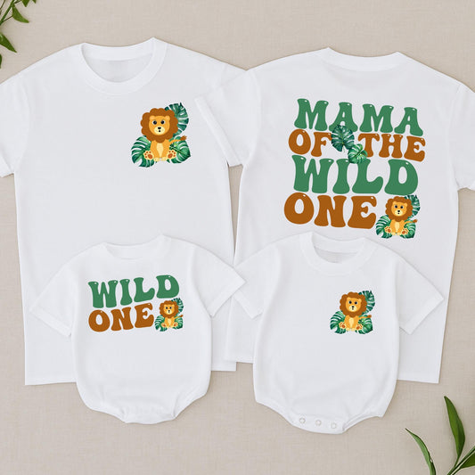 Wild One Birthday Matching Family Shirts, Safari 1st Birthday Boy, Mama Dada Lion Graphic Retro Green Tropical Leaves Cotton First Birthday Outfit Set
