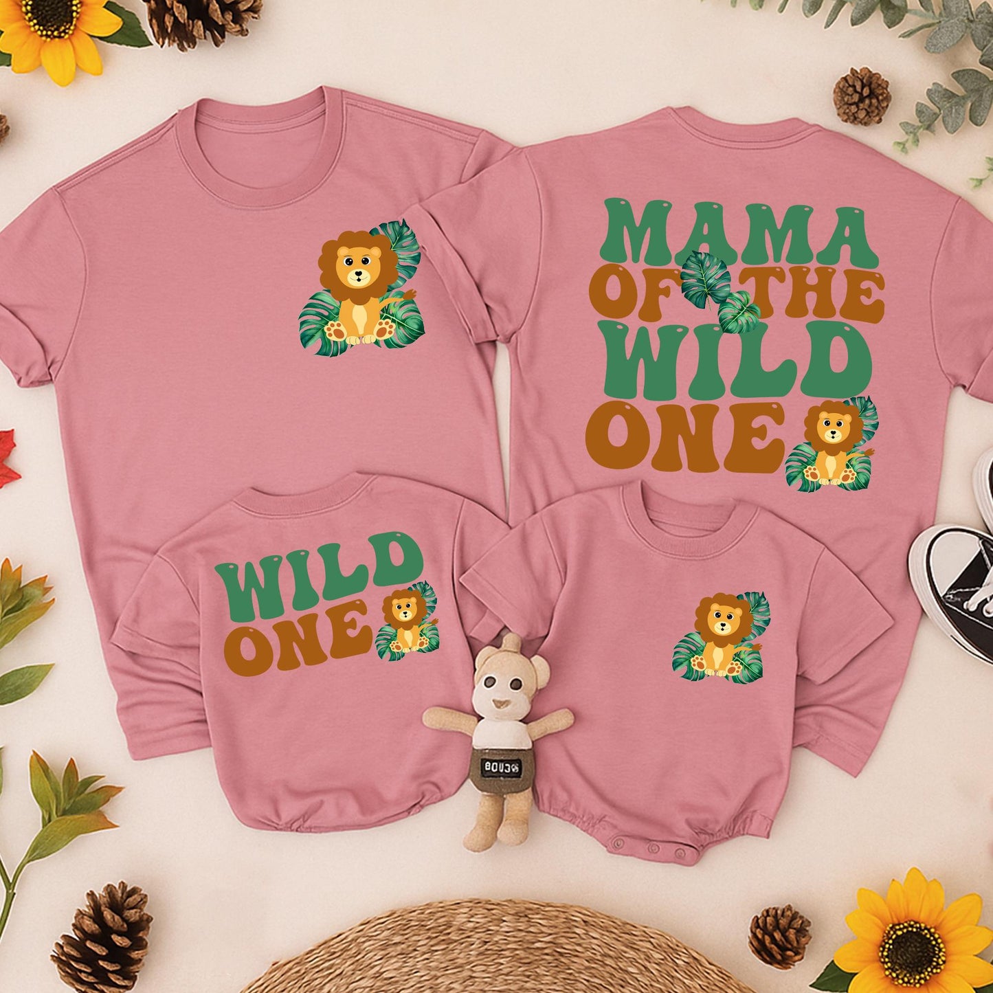 Wild One Birthday Matching Family Shirts, Safari 1st Birthday Boy, Mama Dada Lion Graphic Retro Green Tropical Leaves Cotton First Birthday Outfit Set