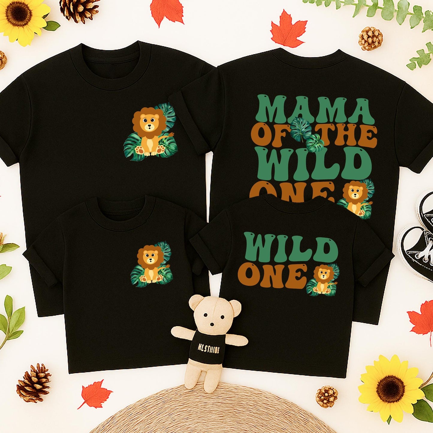 Wild One Birthday Matching Family Shirts, Safari 1st Birthday Boy, Mama Dada Lion Graphic Retro Green Tropical Leaves Cotton First Birthday Outfit Set