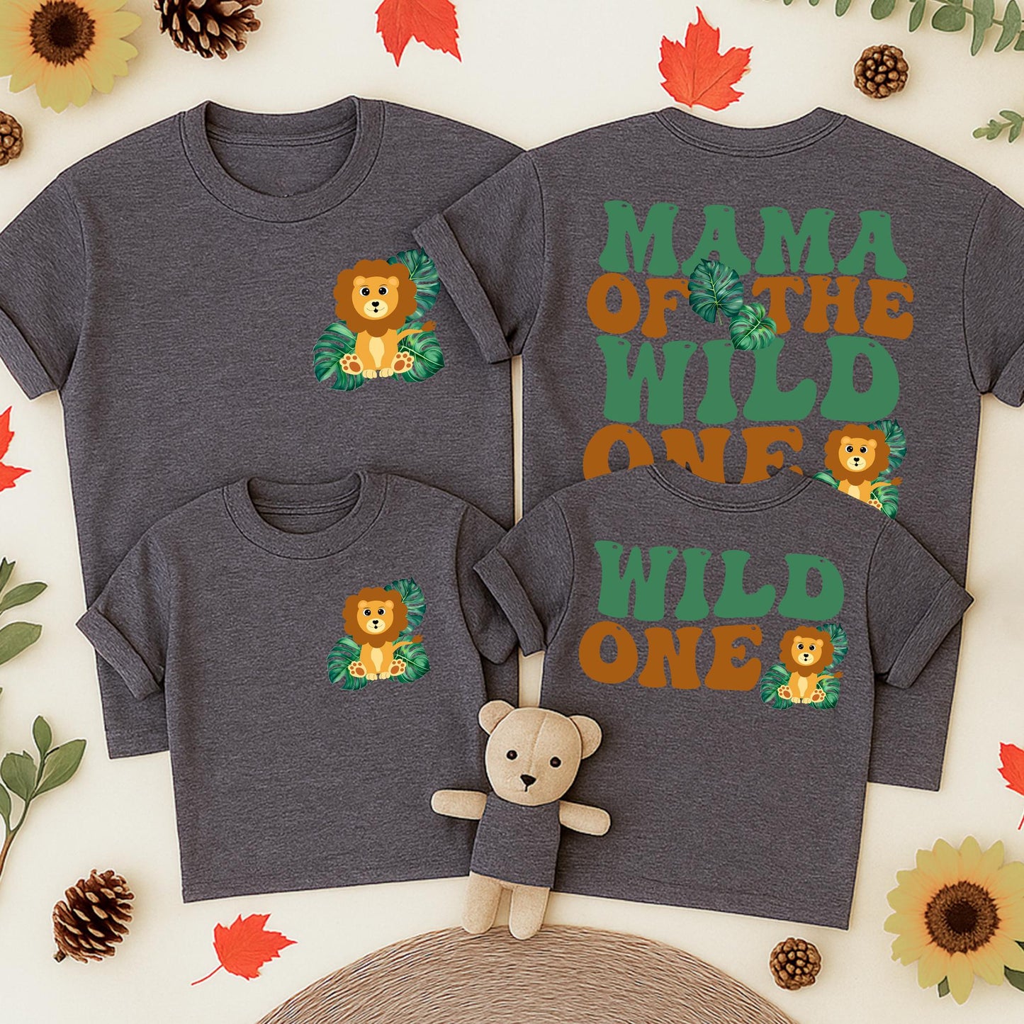 Wild One Birthday Matching Family Shirts, Safari 1st Birthday Boy, Mama Dada Lion Graphic Retro Green Tropical Leaves Cotton First Birthday Outfit Set