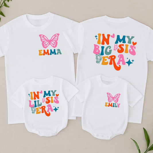 In My Big Sis Era Matching Retro Toddler Tee Cute Big Little Sister Custom Crew Neck Butterfly & Stars