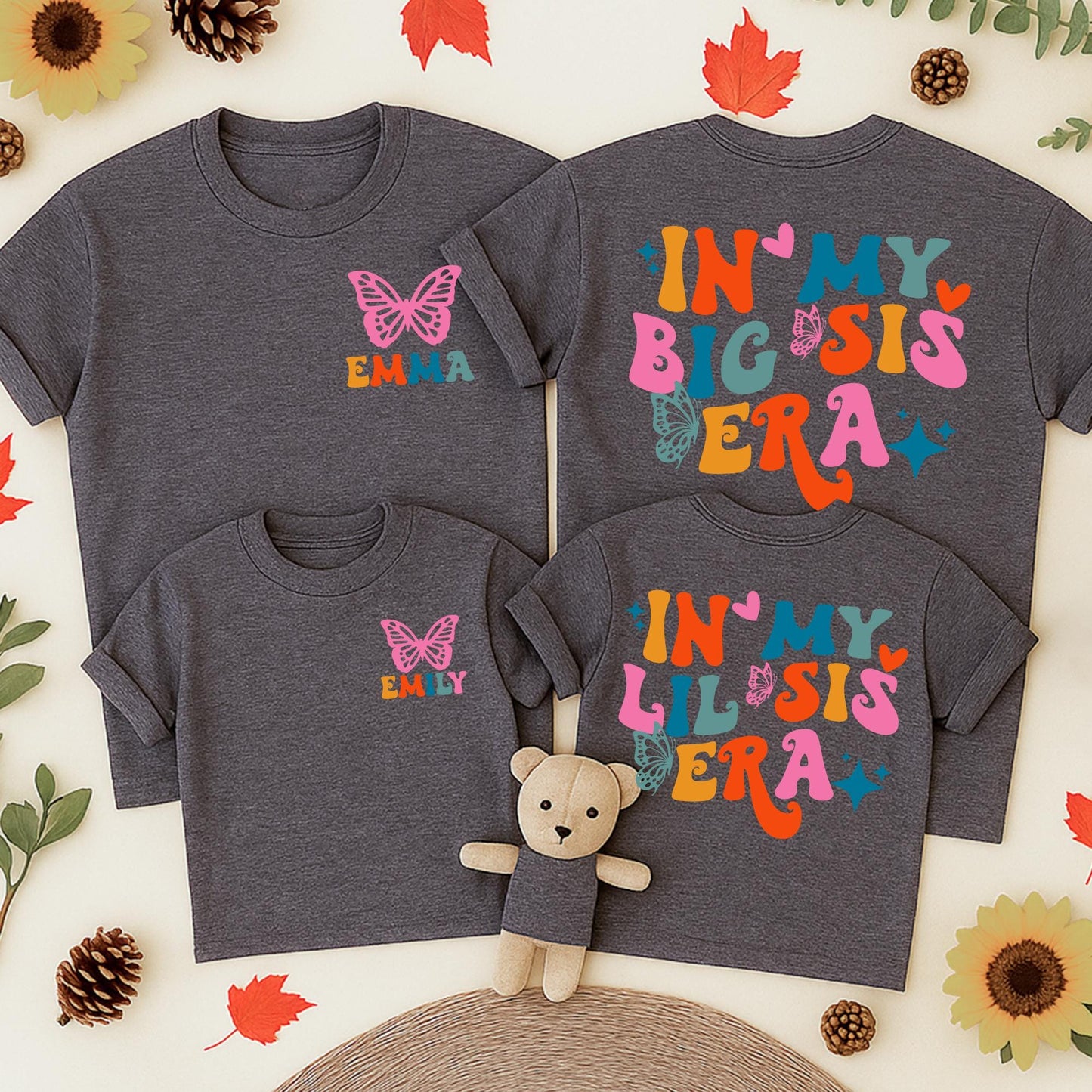 In My Big Sis Era Matching Retro Toddler Tee Cute Big Little Sister Custom Crew Neck Butterfly & Stars