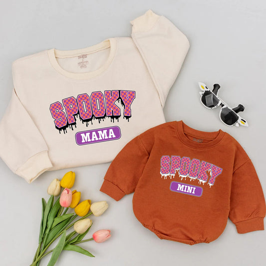 Spooky Mama Mini Matching Halloween Shirts Fun Family Outfits Checkerboard Orange Pink Dripping Design Soft Comfortable Spooky Season Tees