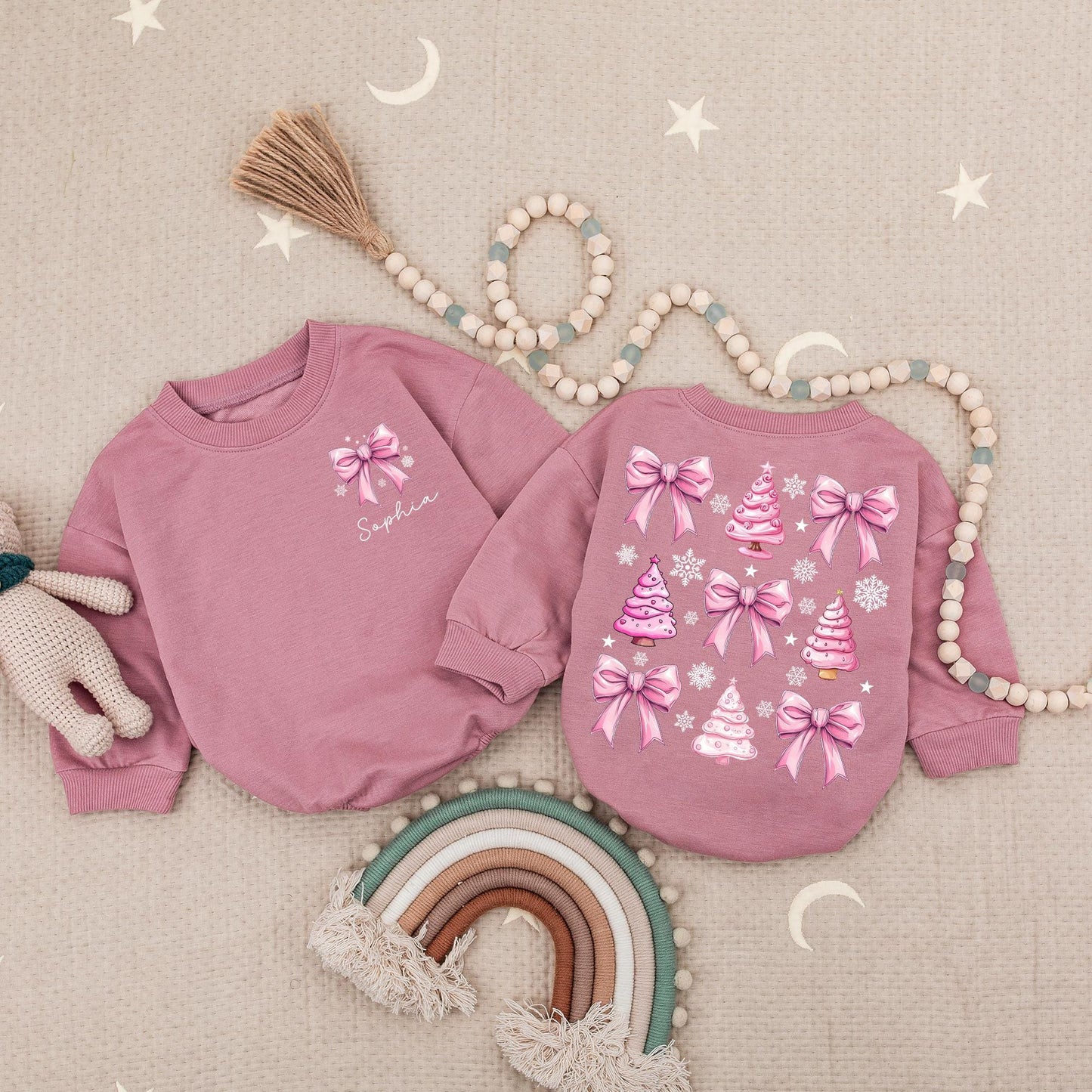 Custom Sophia Pink Bow Snowflake Christmas Romper Baby Girl Clothes, Xmas Holiday Outfit, First Christmas Bubble, Personalized