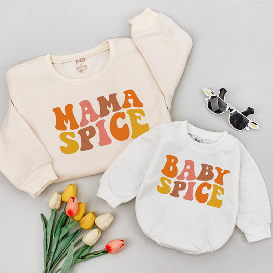 Mama Spice & Baby Spice Retro Shirts Mommy and Me Thanksgiving Fall Outfit Orange Gradient Design for Baby Girl, Toddler, Mom, Matching Family