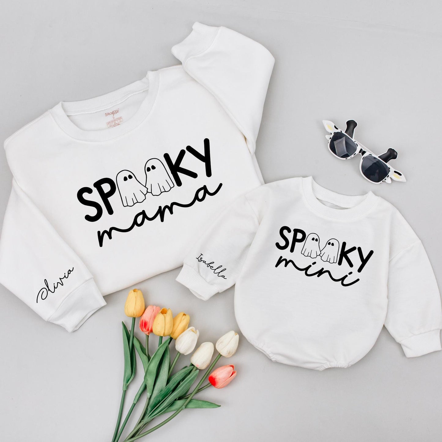 Spooky Mama & Mini Halloween Shirts: Matching Ghost Family Outfits, Personalized Sleeve Names, Cute Mommy and Me Tops, Comfy Spooky Season Style (139)