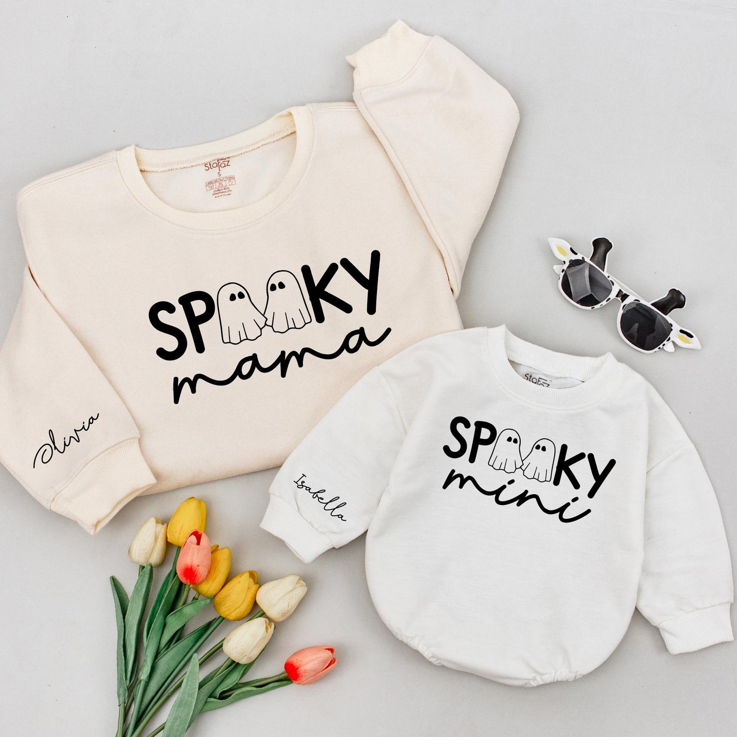 Spooky Mama & Mini Halloween Shirts: Matching Ghost Family Outfits, Personalized Sleeve Names, Cute Mommy and Me Tops, Comfy Spooky Season Style (139)
