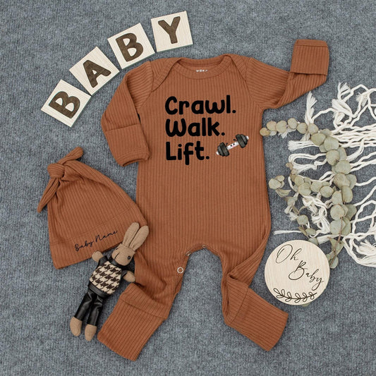 Crawl Walk Lift Gym Baby Romper, Funny Workout Bodysuit, Long Sleeve Fitness Newborn Outfit, Cute Gym Gift for Baby Athlete 130-140 chars