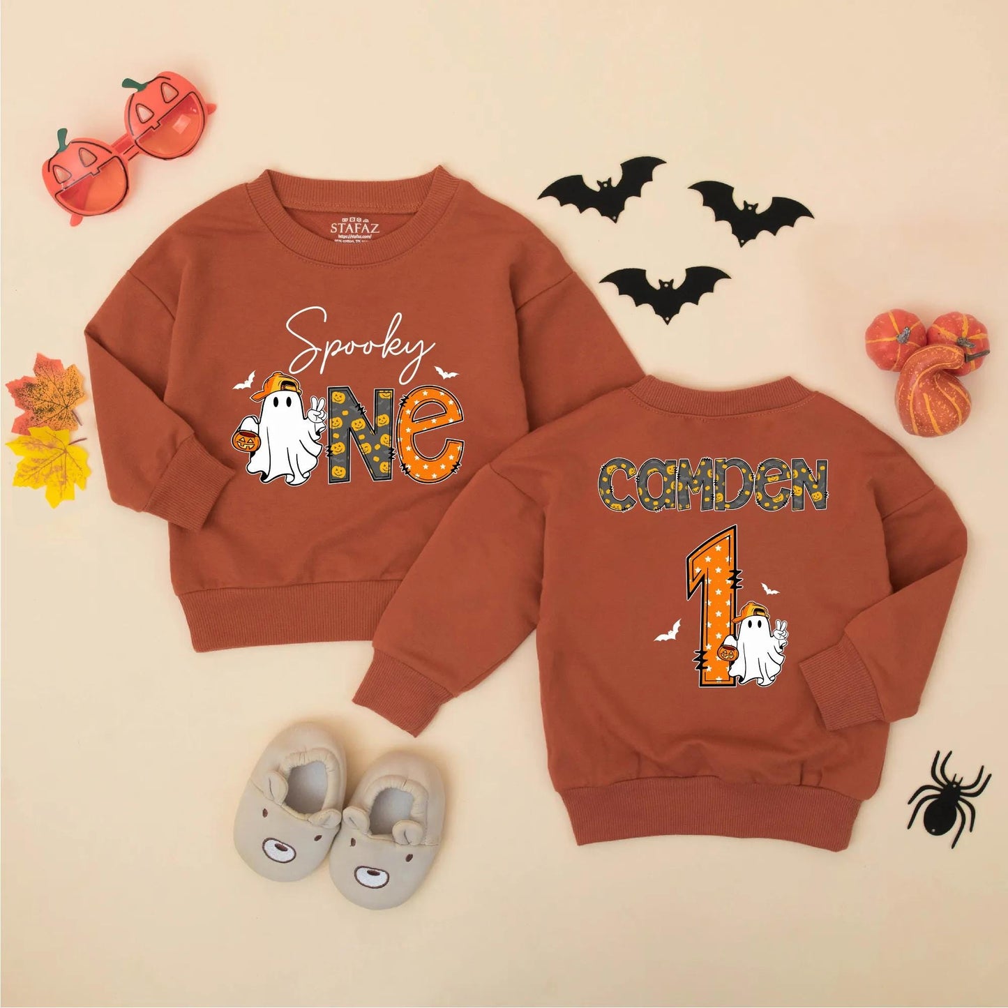 Spooky One Birthday Romper: Personalized Halloween Outfit for Baby Boy, Ghost with Pumpkin, Fall Party Clothes, Cute 1st Birthday Gift, Custom Name Outfit (139 chars)