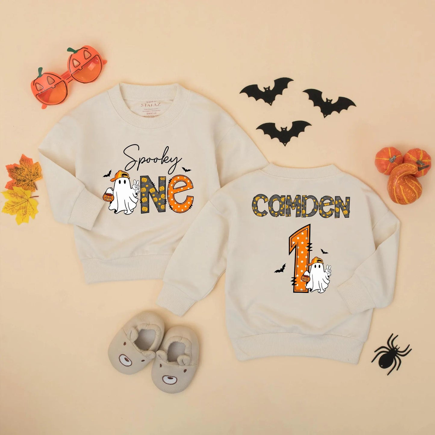 Spooky One Birthday Romper: Personalized Halloween Outfit for Baby Boy, Ghost with Pumpkin, Fall Party Clothes, Cute 1st Birthday Gift, Custom Name Outfit (139 chars)